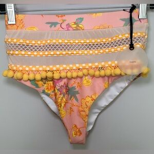 Tularosa Revolve Nina Pink Yellow Floral Pom Pom Mesh High Waist Bikini Bottom
